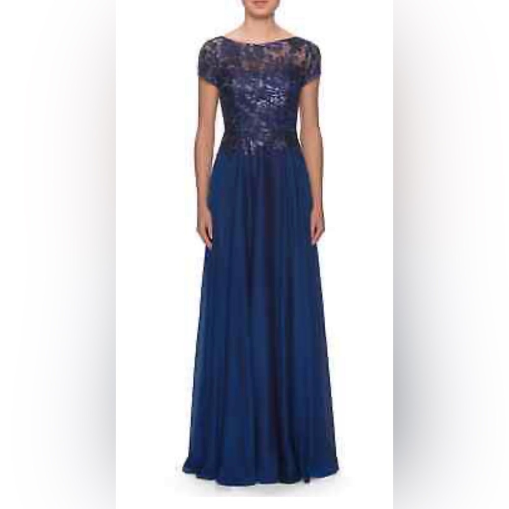 La Femme Navy Blue Sequin Lace Evening Gown